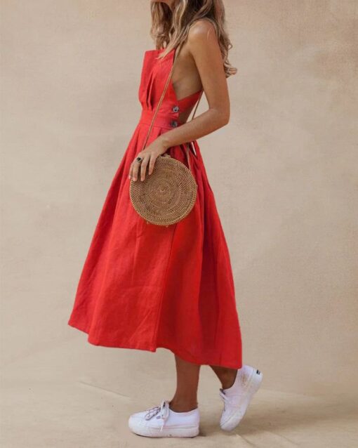 Strap Button Waist Pleated Dress - Image 9