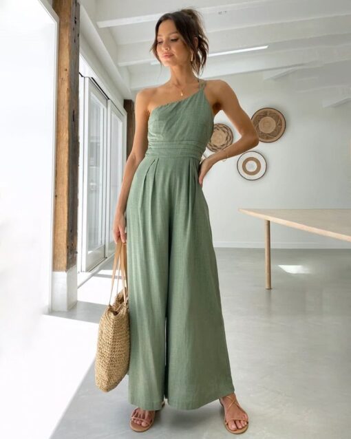 Straps Jumpsuits Romper One Shoulder Pleated High Waist Wide Leg Pansuits Casual Lounge Wear - Image 4