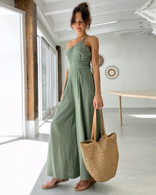 Straps Jumpsuits Romper One Shoulder Pleated High Waist Wide Leg Pansuits Casual Lounge Wear - Image 5