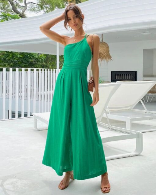 Straps Jumpsuits Romper One Shoulder Pleated High Waist Wide Leg Pansuits Casual Lounge Wear - Image 11