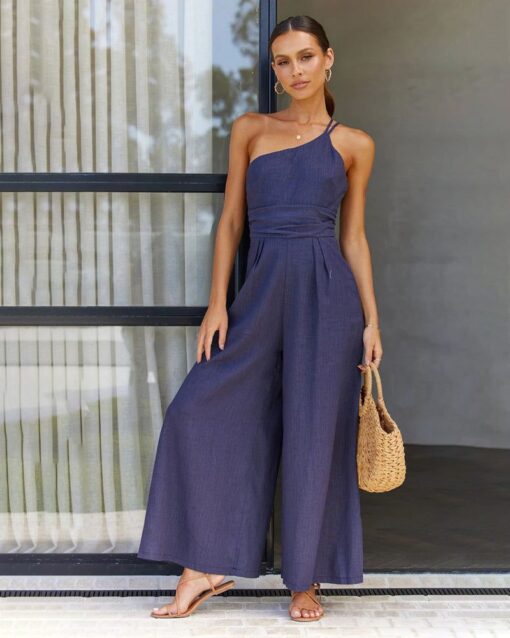 Straps Jumpsuits Romper One Shoulder Pleated High Waist Wide Leg Pansuits Casual Lounge Wear - Image 25