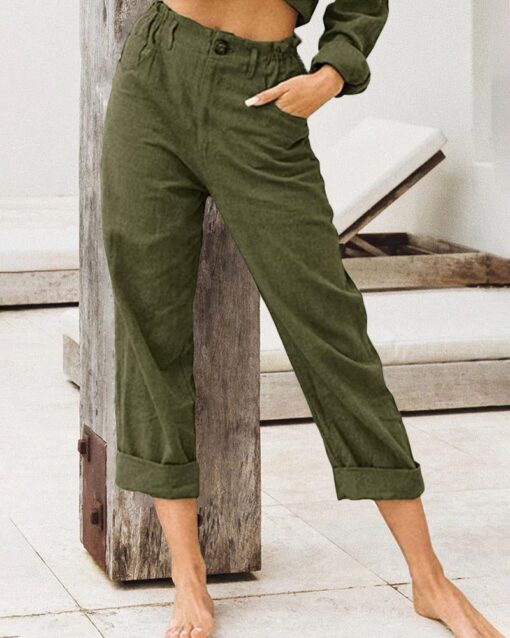 Summer Elegant Harem Pants Elastic Waistband Solid Color Light Beach Trousers - Image 16