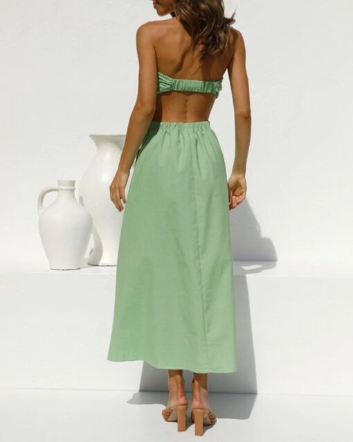 Summer Strapless Dress Off Shoulder Sexy Wrap Dress Solid Color Beach Dress - Image 12