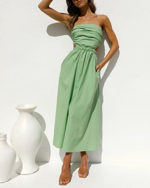 Summer Strapless Dress Off Shoulder Sexy Wrap Dress Solid Color Beach Dress - Image 11