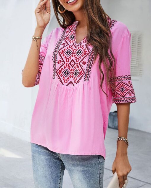 Summer V Neck Boho Embroidered Shirts Short Sleeve Casual Tops Blouse