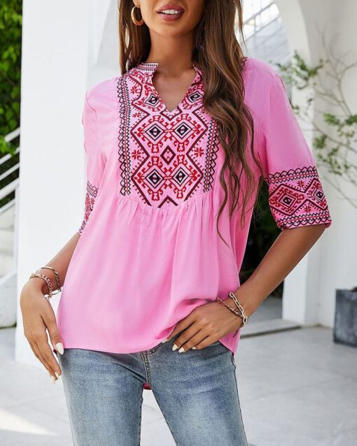 Summer V Neck Boho Embroidered Shirts Short Sleeve Casual Tops Blouse - Image 3