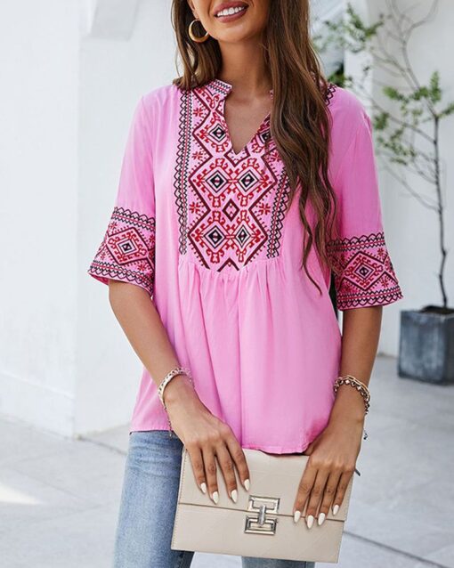 Summer V Neck Boho Embroidered Shirts Short Sleeve Casual Tops Blouse - Image 4