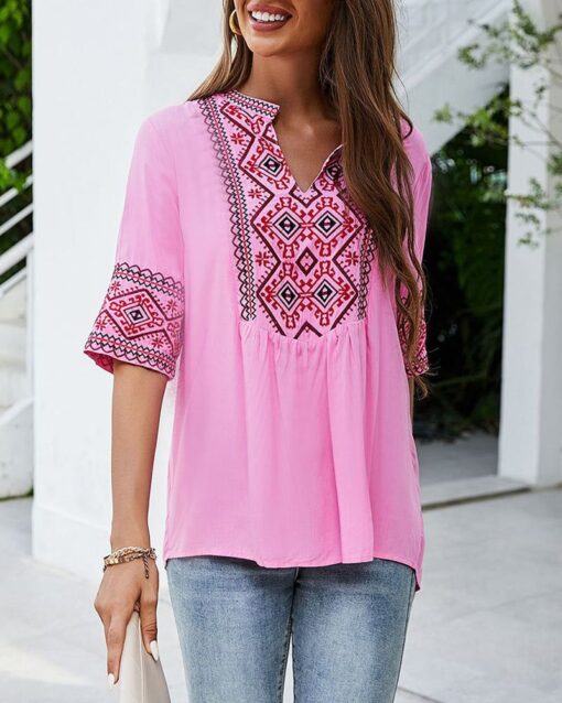 Summer V Neck Boho Embroidered Shirts Short Sleeve Casual Tops Blouse - Image 2