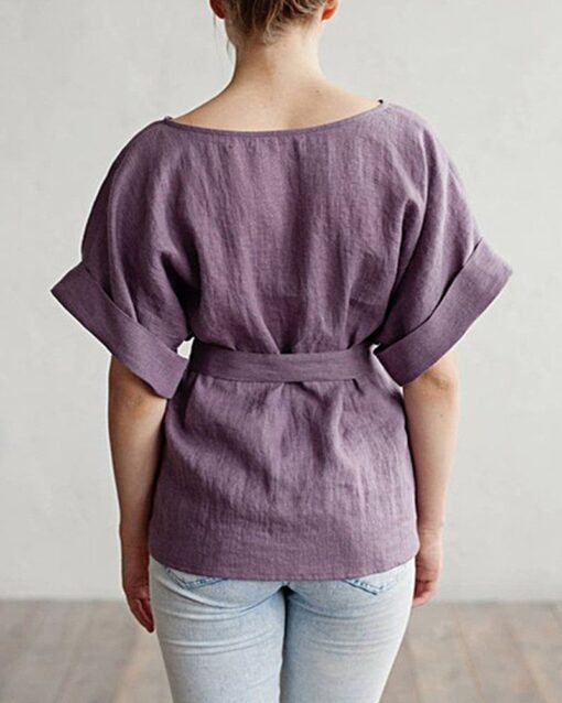 Tie Belt Loose Tunic Blouse Casual Half Sleeve Kimono V-Neck Linen Top - Image 2