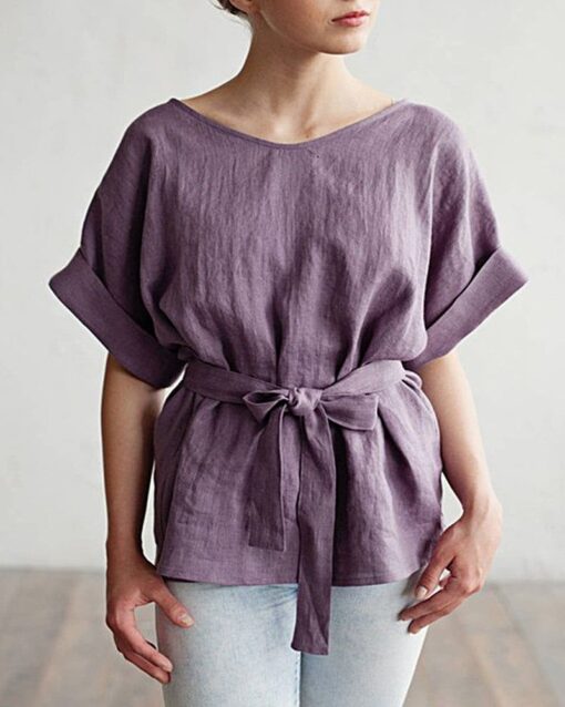 Tie Belt Loose Tunic Blouse Casual Half Sleeve Kimono V-Neck Linen Top - Image 3