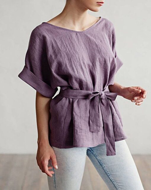 Tie Belt Loose Tunic Blouse Casual Half Sleeve Kimono V-Neck Linen Top