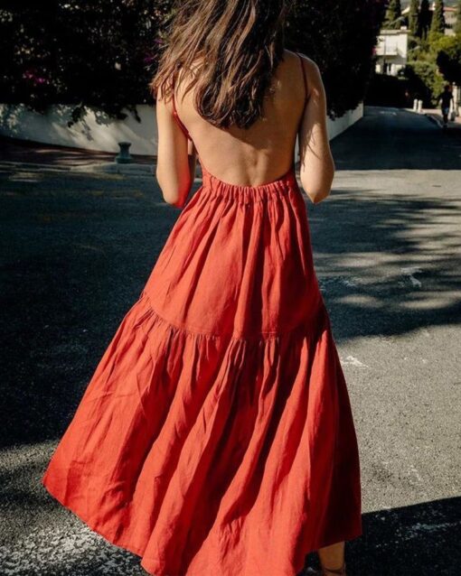 Tiered Low Back Sundress Solid Strap Big Swing Backless Maxi Dress - Image 2