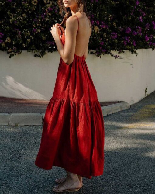 Tiered Low Back Sundress Solid Strap Big Swing Backless Maxi Dress - Image 5