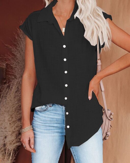 Tunic Lapel V Neck Button Down Tops Cap Sleeve Loose Casual Blouses - Image 13