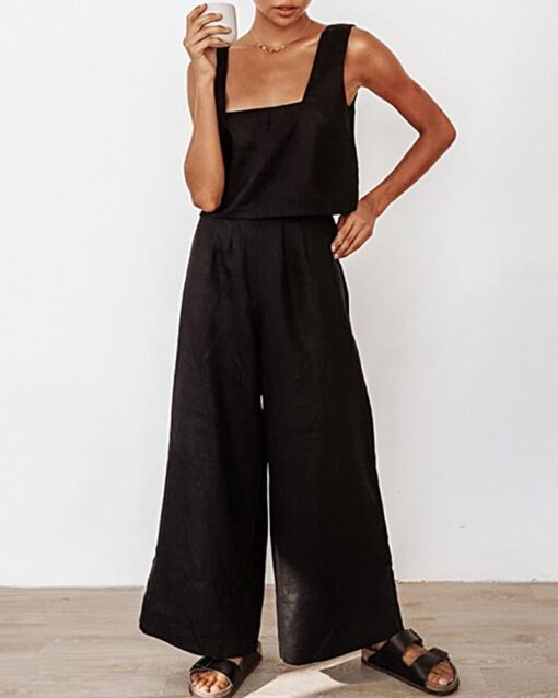 Two Piece Outfits Lounge Sleeveless Square Collar Crop Tops Wide Leg Pants Sets - Image 4