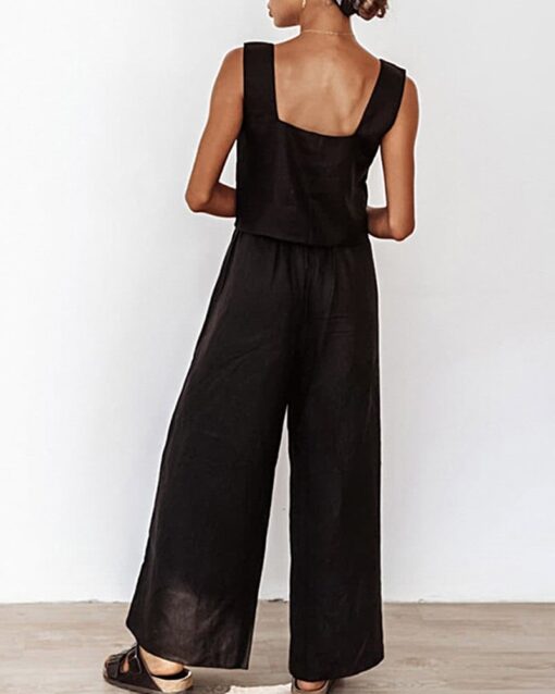 Two Piece Outfits Lounge Sleeveless Square Collar Crop Tops Wide Leg Pants Sets - Image 3