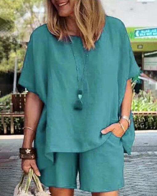 Two Piece Outfits Solid Color Short Sleeve Blouse Casual Retro Loose Shorts Sets - Image 2