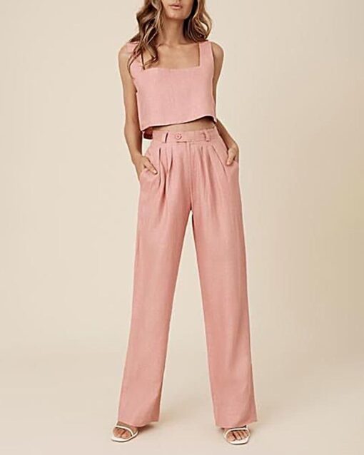 Two Piece Set Women Solid Vest Crop Cami Top & Wide Leg Pants Set - Image 7