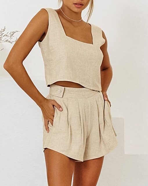 Two Piece Sets Lounge Matching Linen Sleeveless Crop Tops and Pocketed Shorts Sets - Image 5