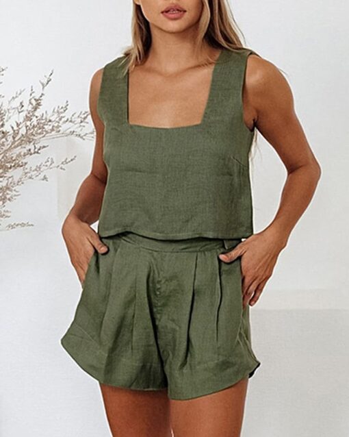 Two Piece Sets Lounge Matching Linen Sleeveless Crop Tops and Pocketed Shorts Sets - Image 6