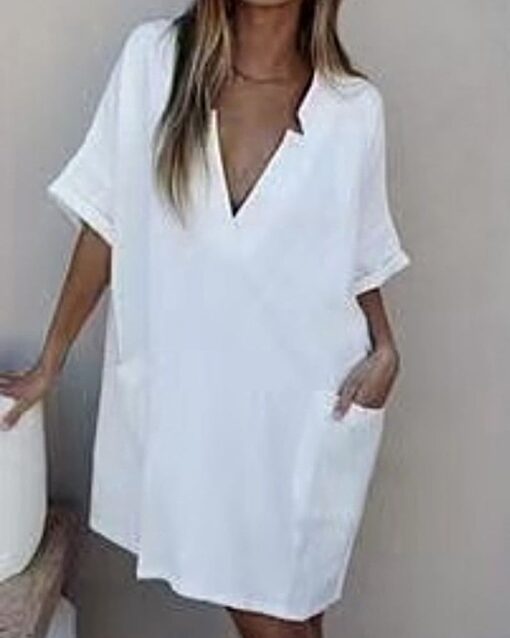 V Neck Boho Dress Short Sleeve Solid Color Dress with Pockets - Image 2