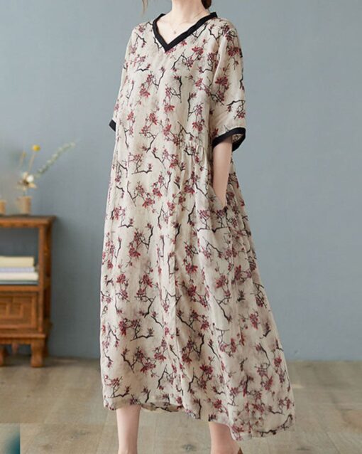 V Neck Floral Print Short Sleeve Dresses - Image 2