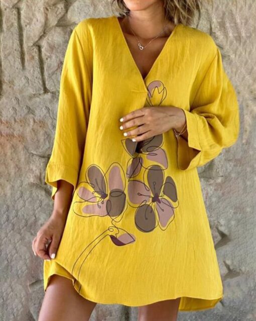 V-Neck Baggy Midi Dress Tshirt Top Long -Sleeve A Line Swing Dress - Image 7