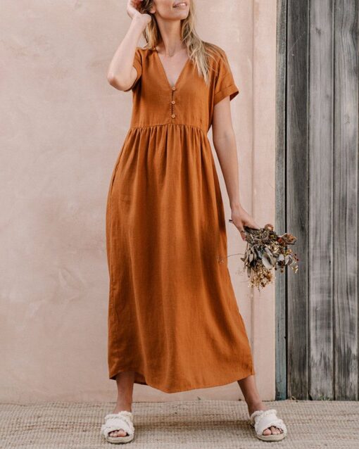 V-Neck Beach Dresses Plain A-Line Dress Boho Knee-Length Dress Short Sleeve Dress Maxi Dress - Image 6