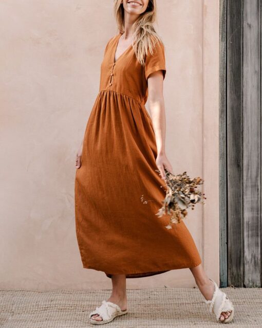 V-Neck Beach Dresses Plain A-Line Dress Boho Knee-Length Dress Short Sleeve Dress Maxi Dress - Image 2