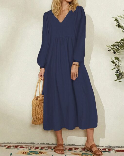 V-Neck Loose Lantern Sleeves Long Sleeve Maxi Dress - Image 8