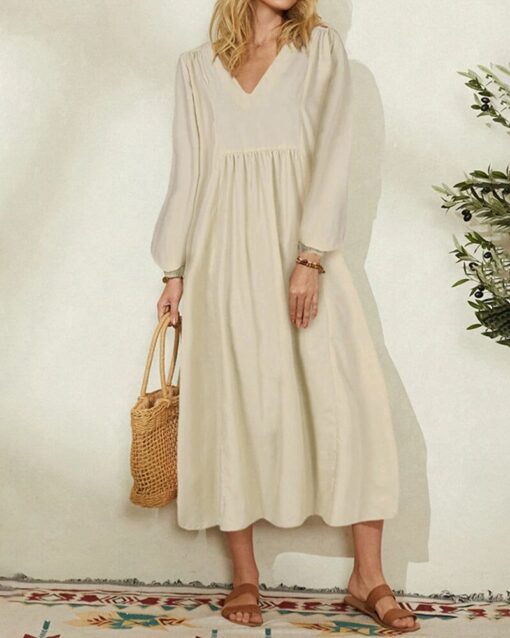 V-Neck Loose Lantern Sleeves Long Sleeve Maxi Dress - Image 2