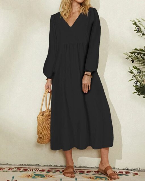 V-Neck Loose Lantern Sleeves Long Sleeve Maxi Dress - Image 6