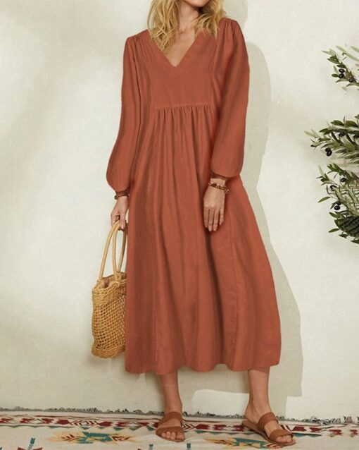 V-Neck Loose Lantern Sleeves Long Sleeve Maxi Dress