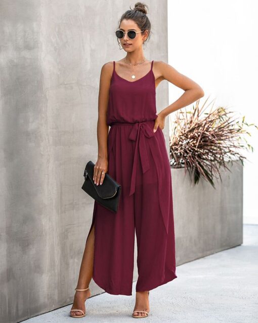 V-neck Suspenders Wide-leg Side Slit Women's Jumpsuit - Image 9