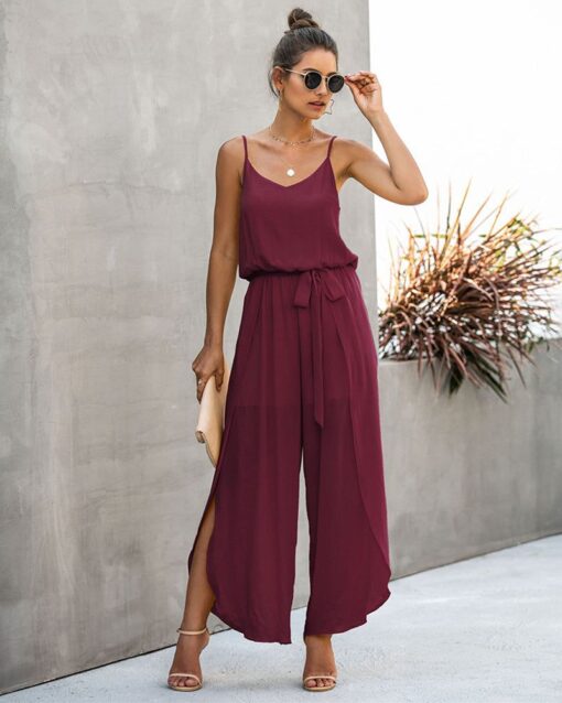 V-neck Suspenders Wide-leg Side Slit Women's Jumpsuit - Image 10