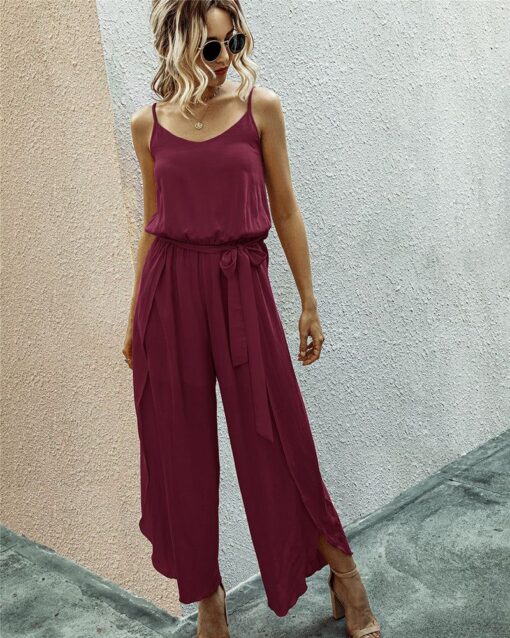 V-neck Suspenders Wide-leg Side Slit Women's Jumpsuit - Image 13