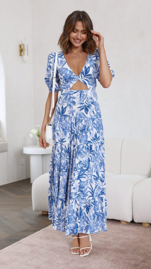 Vacation Printed Open Back Puff Sleeve Maxi Dresses