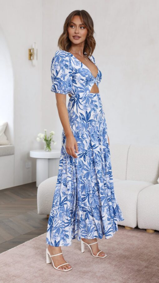 Vacation Printed Open Back Puff Sleeve Maxi Dresses - Image 3