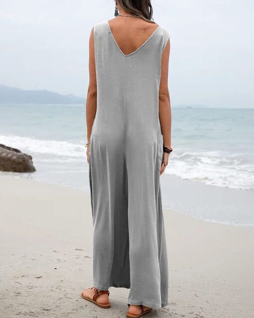 Wide Leg Jumpsuit Sleeveless V-Neck Casual Loose Jumpsuit Comfy Baggy Tank Romper with Pockets - Image 5