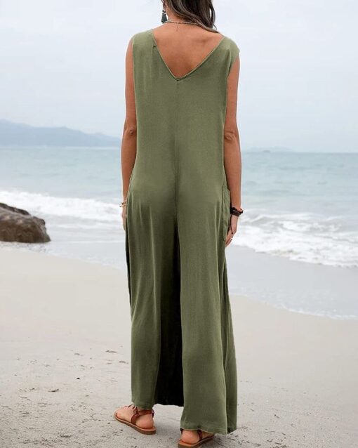 Wide Leg Jumpsuit Sleeveless V-Neck Casual Loose Jumpsuit Comfy Baggy Tank Romper with Pockets - Image 10