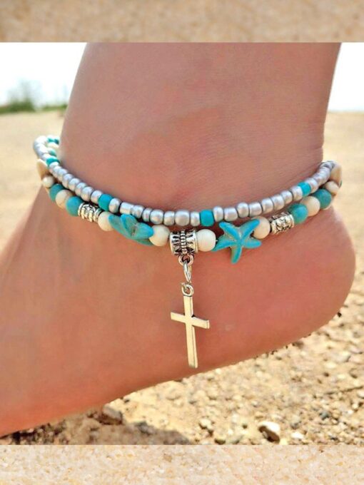 Women's Resort Style Fashion Turtle Cross Anklet - Image 11