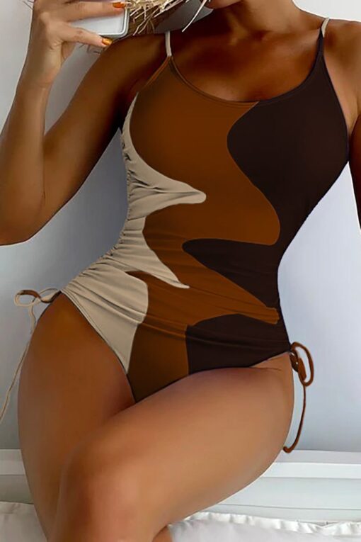 Colorblock Scoop Neck Cami Tie Up One-Piece Bikini Swimsuit - Image 2