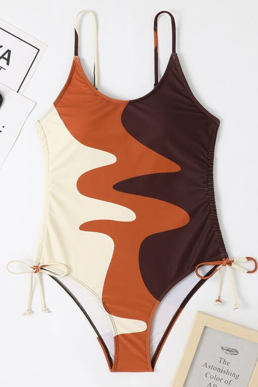 Colorblock Scoop Neck Cami Tie Up One-Piece Bikini Swimsuit - Image 7