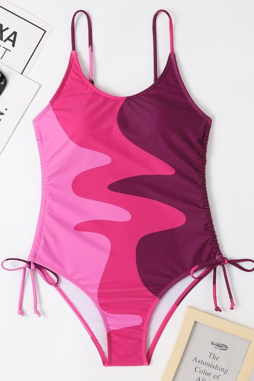 Colorblock Scoop Neck Cami Tie Up One-Piece Bikini Swimsuit - Image 5