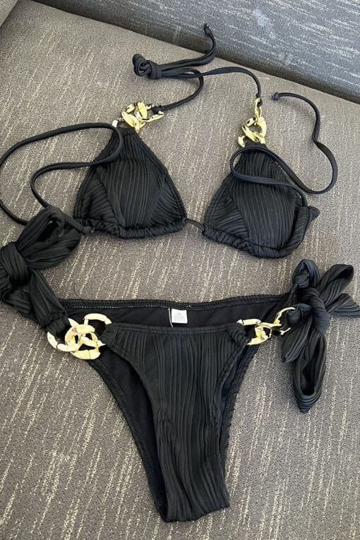 Chain Halter Pleated Tied Up Bikini Two Pieces Set - Image 7