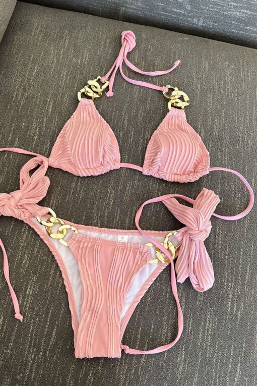 Chain Halter Pleated Tied Up Bikini Two Pieces Set - Image 8