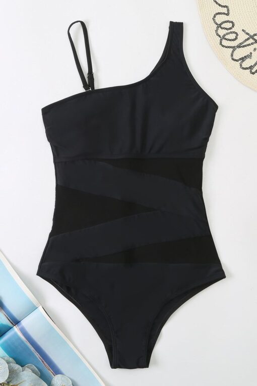 Patchwork Mesh One Shoulder Sleeveless One-Piece Bikini Swimsuit - Image 14