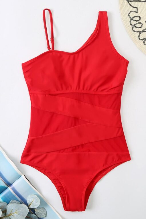 Patchwork Mesh One Shoulder Sleeveless One-Piece Bikini Swimsuit - Image 10