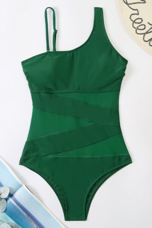 Patchwork Mesh One Shoulder Sleeveless One-Piece Bikini Swimsuit - Image 12