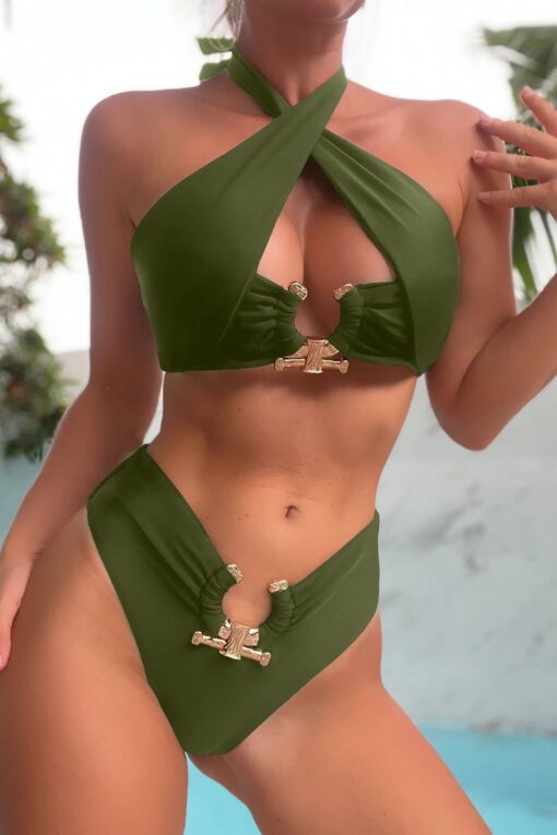 Crossover Cut Out Halter Neck Metal Decor High Waist Bikini Two-Piece Set Swimsuit - Image 4